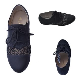 New Black lace oxford flat shoes